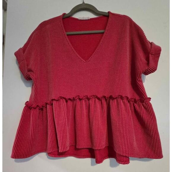 Jolie Med Peplum Red/Berry VNeck Shirt - Picture 1 of 2